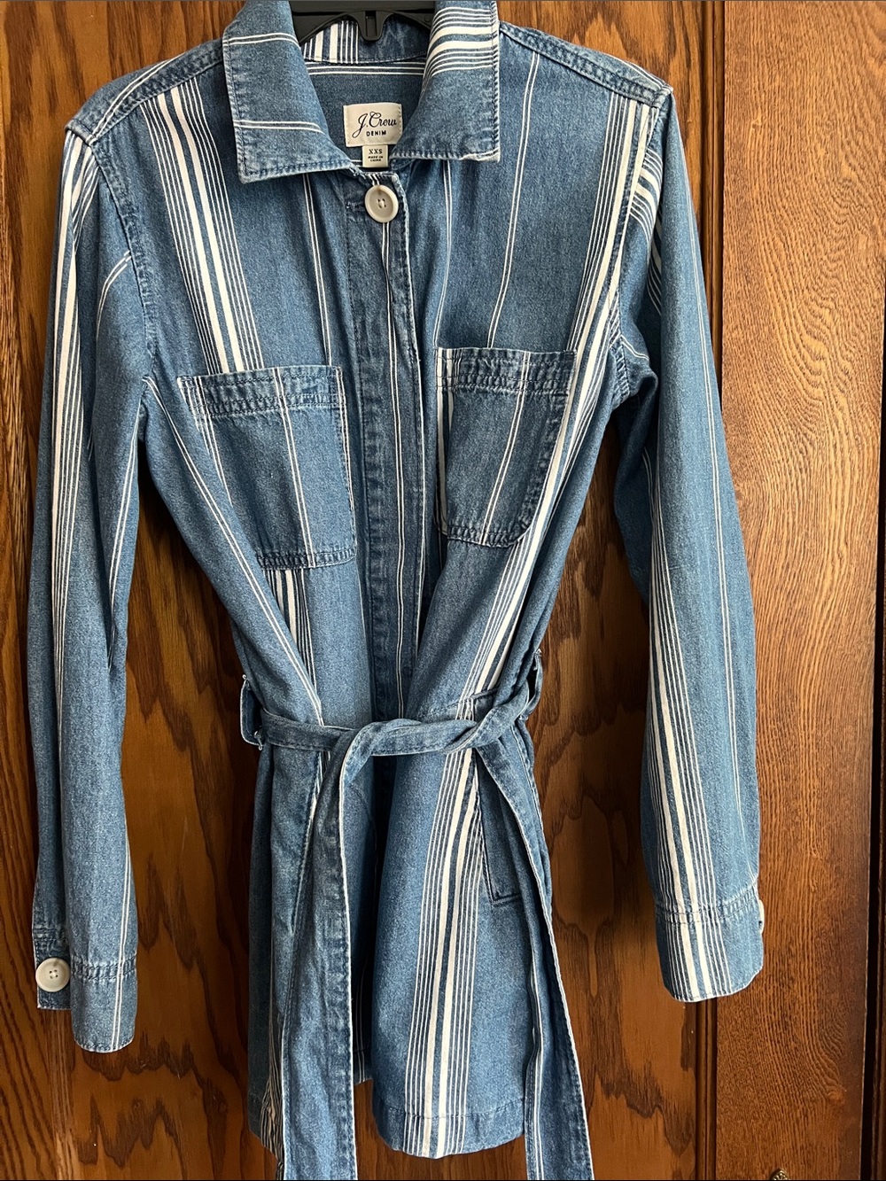 J. Crew Blue and White Striped Denim Jacket with Tie Belt